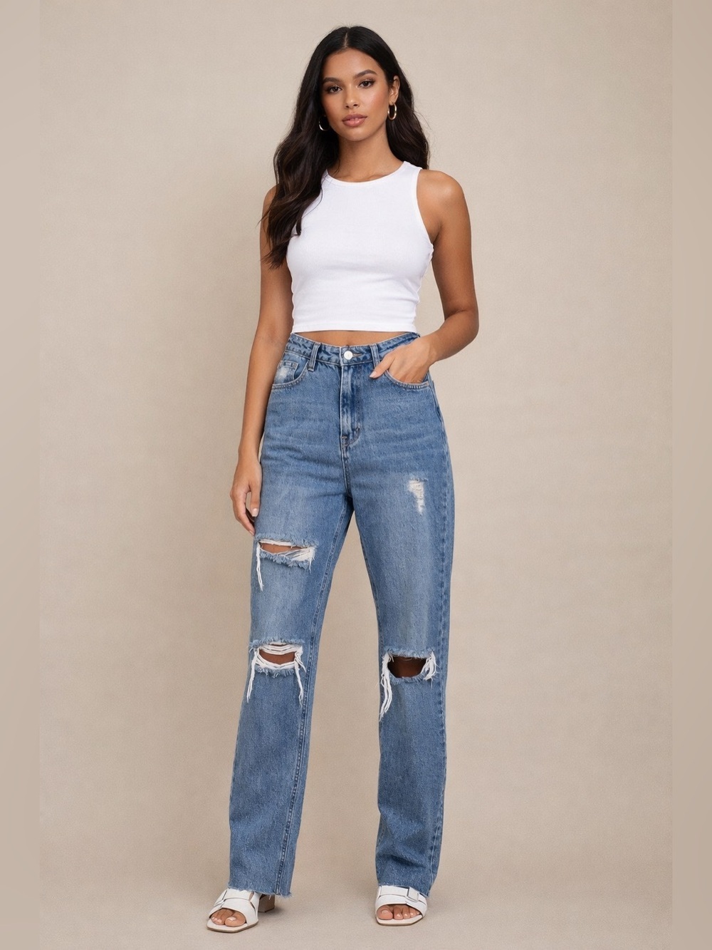 Missguided 4 Tall Straight Leg Jeans Blue Distressed Ripped worn Denim NWT